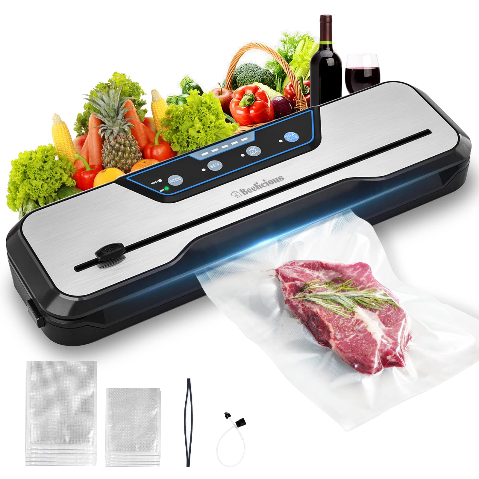 Vacuum Sealer Machine, With Starter Kit And 2 Year Warranty, Beelicious Automatic Air Sealing For Food Storage, Build In Cutter,